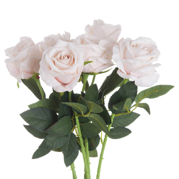 Lifelike pastel pink faux tea rose with realistic green foliage, perfect for home decor or bouquets. by Sostter at brixbailey.com
