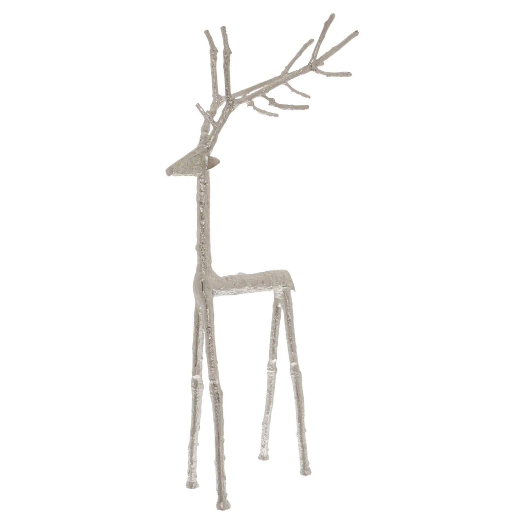 Silver stag ornament with intricate antlers, metallic finish, 69cm tall, perfect for luxury holiday or woodland displays.by Sostter at brixbailey.com