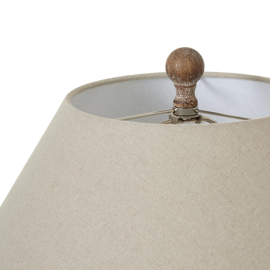 Saturn Table Lamp with sculptural ceramic base and linen shade in warm earthy brown by Sostter at brixbailey.com