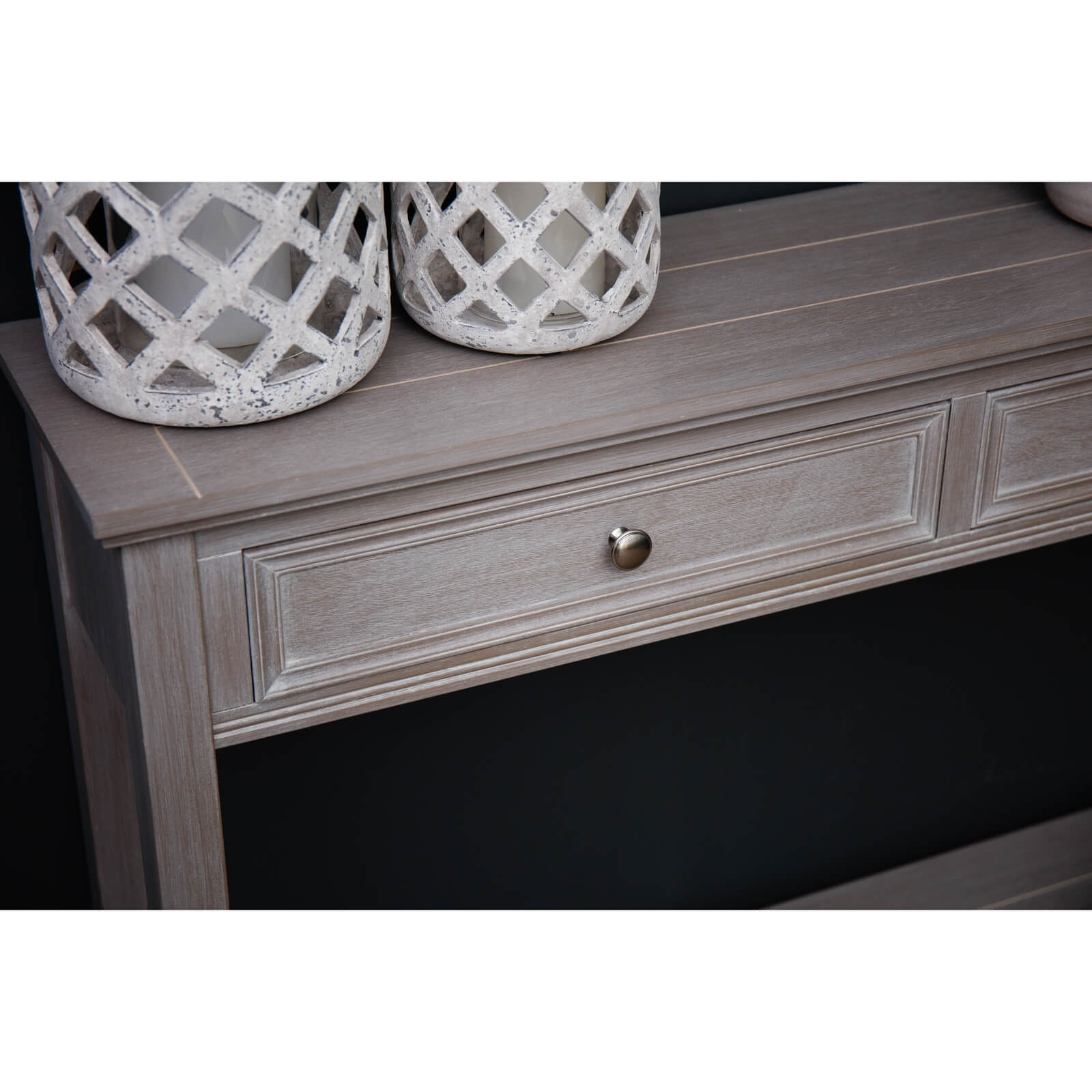 Grey wood console table with two drawers, modern design, 86cm height, premium craftsmanship for elegant interiors by Sostter at brixbailey.com
