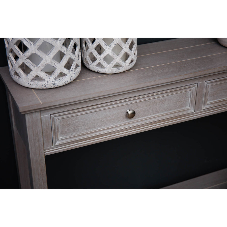Grey wood console table with two drawers, modern design, 86cm height, premium craftsmanship for elegant interiors by Sostter at brixbailey.com