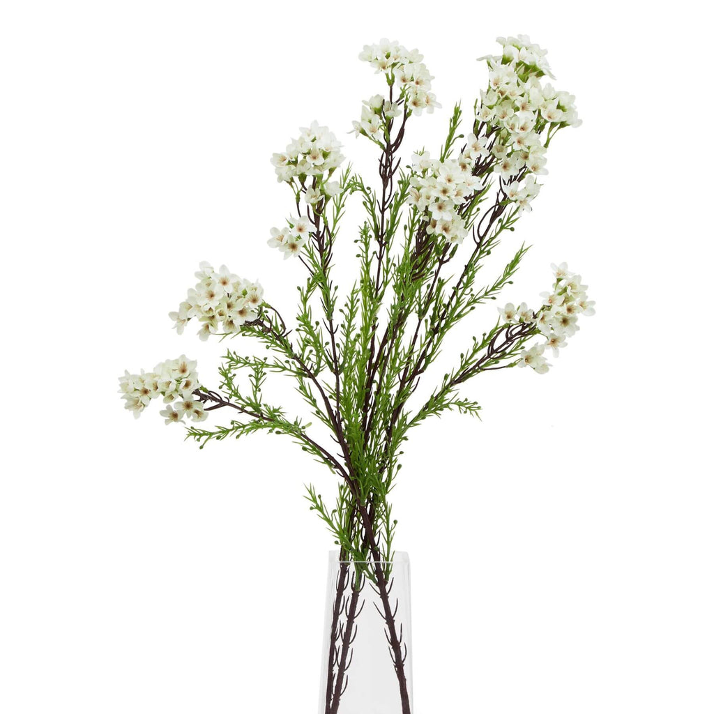 Lifelike white waxflower artificial stem with green leaves, 80cm tall, perfect for home decor and floral arrangements. by RoomLondon at brixbailey.com
