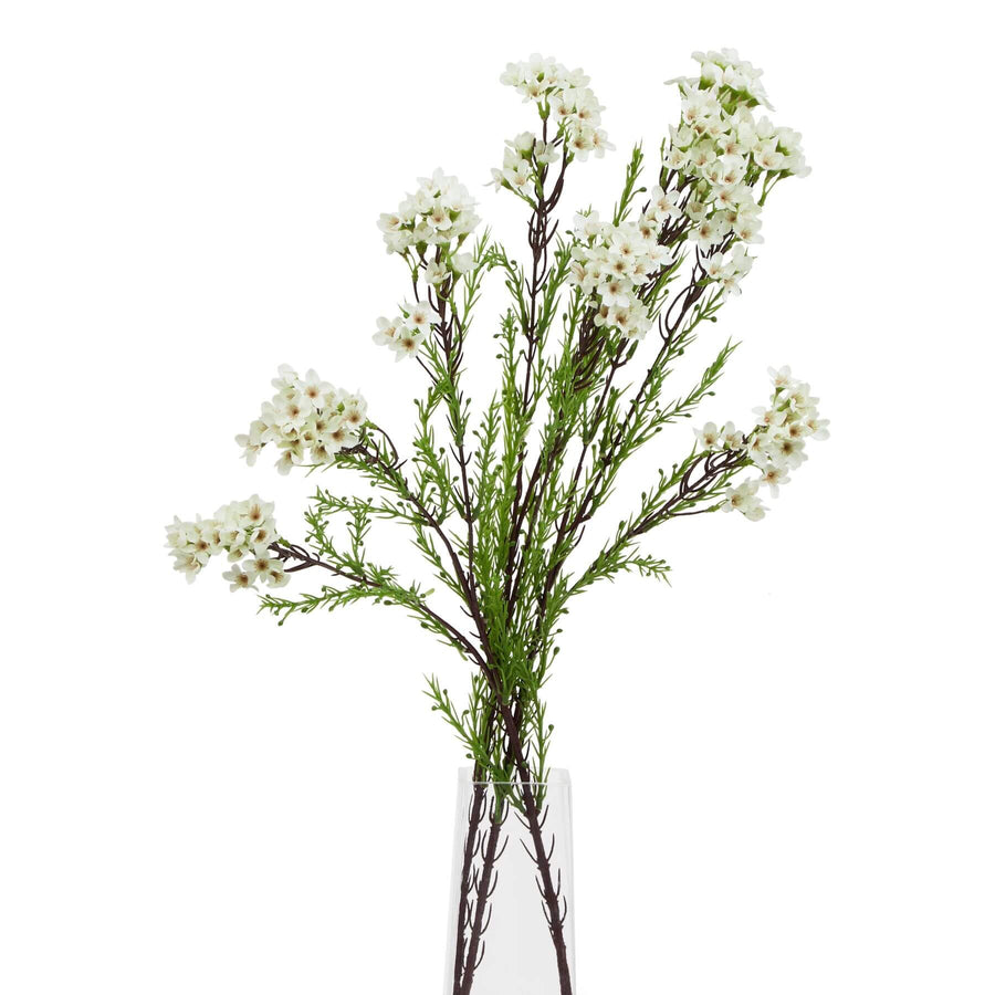 Lifelike white waxflower artificial stem with green leaves, 80cm tall, perfect for home decor and floral arrangements. by Sostter at brixbailey.com