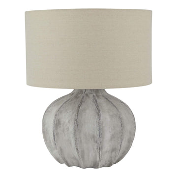 Handcrafted concrete table lamp with ribbed base and beige fabric shade, natural stone gray, farmhouse-industrial decor. by Sostter at brixbailey.com