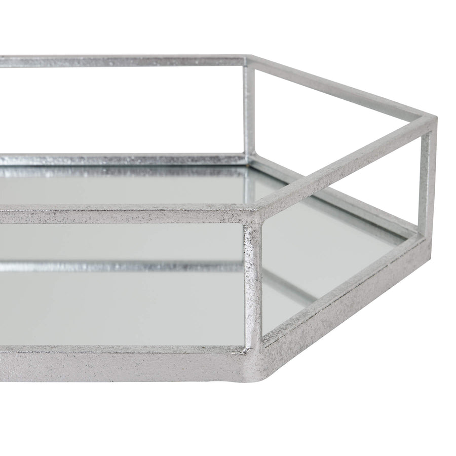 Silver hexagon glass trays with mesh detailing, modern geometric design for home decor or serving. by Hill Interiors at brixbailey.com