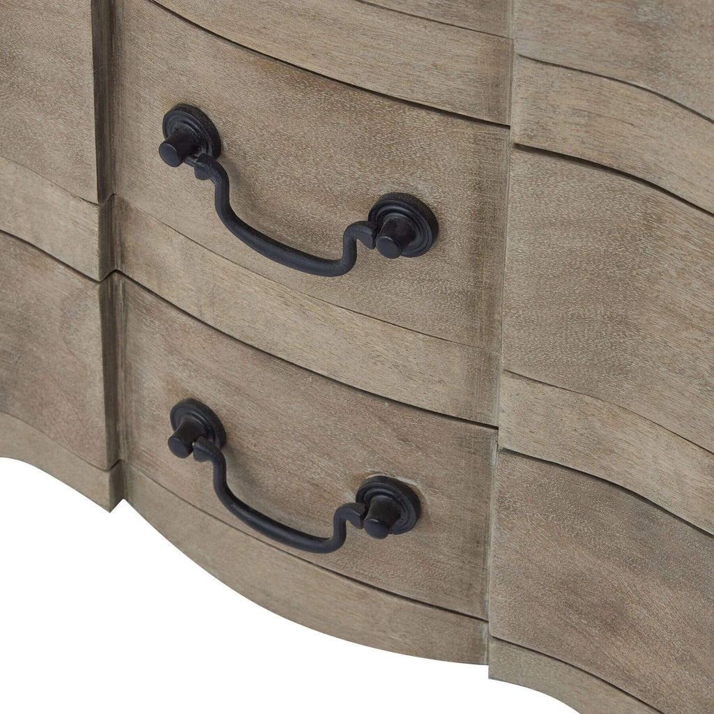 French-style bleached hardwood chest with black iron handles and six drawers for bedroom storage. by Sostter at brixbailey.com