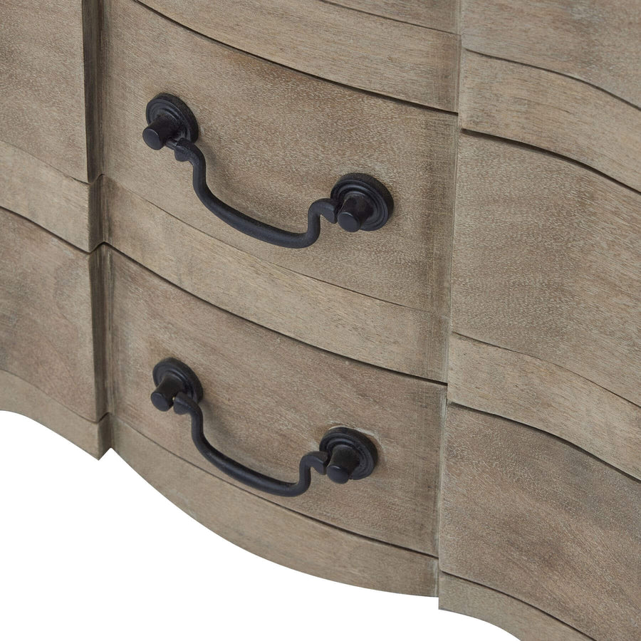 French-style bleached hardwood chest with black iron handles and six drawers for bedroom storage. by Sostter at brixbailey.com