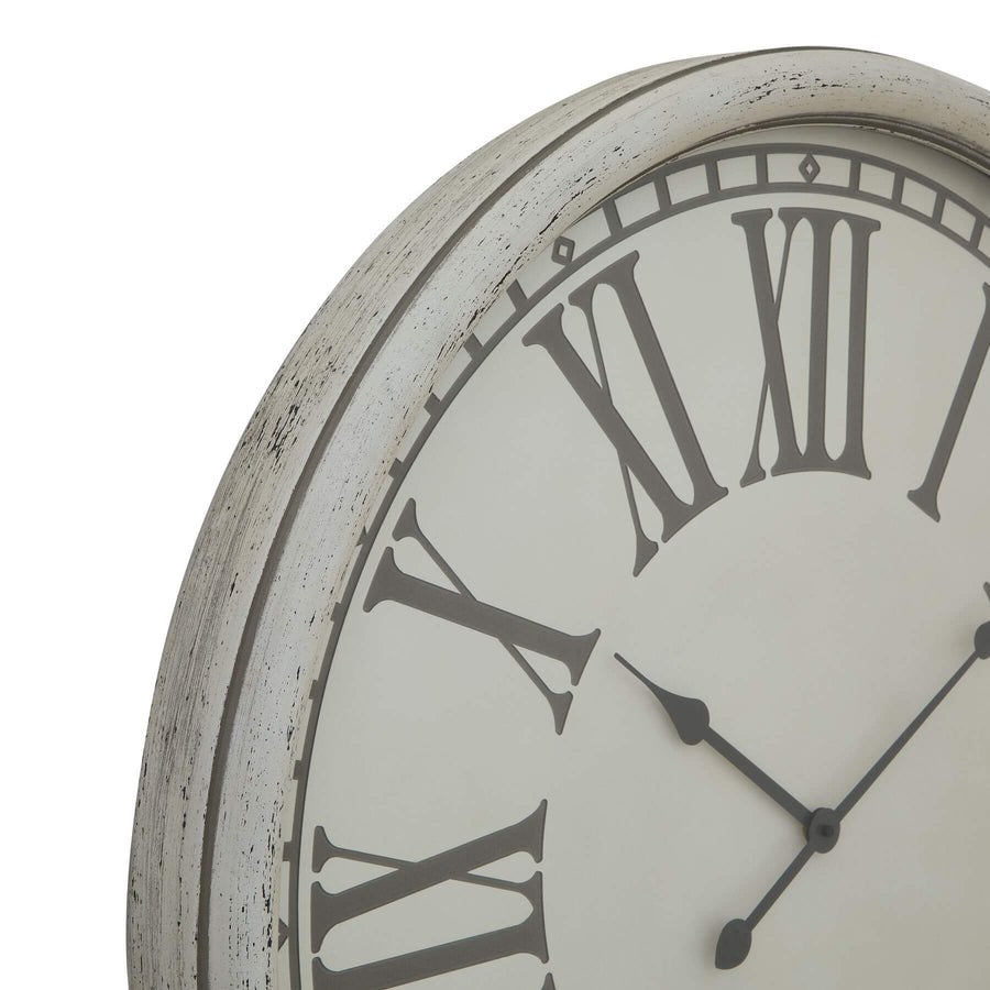 White embossed wood wall clock with glass detailing, rustic-modern design, 80cm diameter by Sostter at brixbailey.com