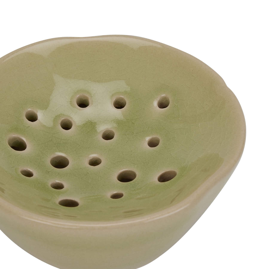 Light green ceramic flower frog for professional floral arrangements, matte finish, 15cm wide by Sostter at brixbailey.com