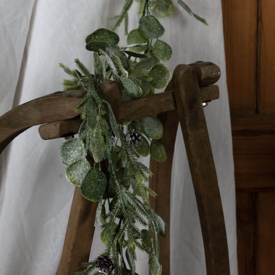 Frosted pine and eucalyptus winter garland, 180 cm, silvery foliage with green accents for holiday mantel or staircase decor by Sostter at brixbailey.com