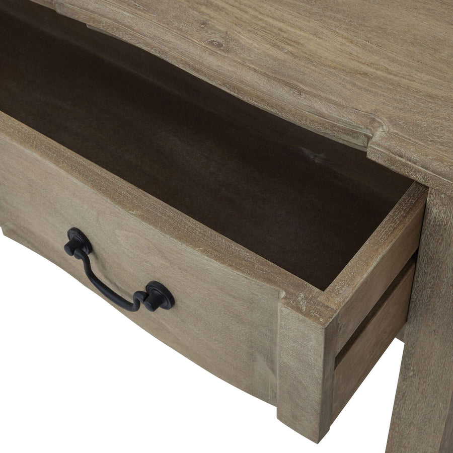French provincial bleached hardwood console with black iron handles and spacious drawer by Sostter at brixbailey.com