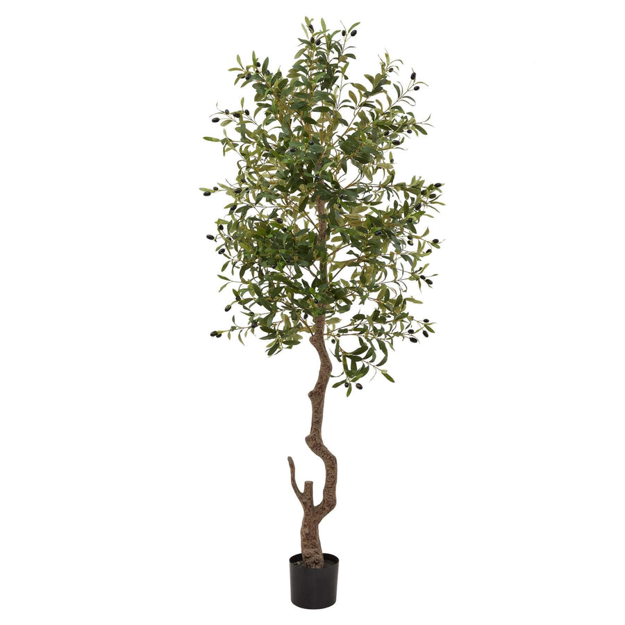 Lifelike faux olive tree, 180cm tall with realistic trunk and olive-green foliage, perfect for Mediterranean-style decor by Sostter at brixbailey.com