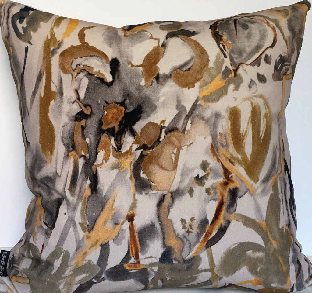 Watercolour Floral Velvet Cushion - Flax