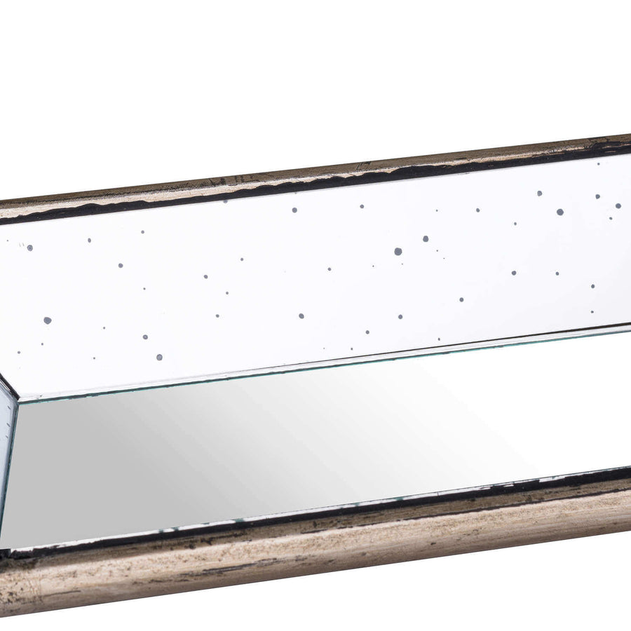 Handcrafted distressed mirror tray with solid wood frame, rich brown patina, perfect for home decor or serving. by Sostter at brixbailey.com