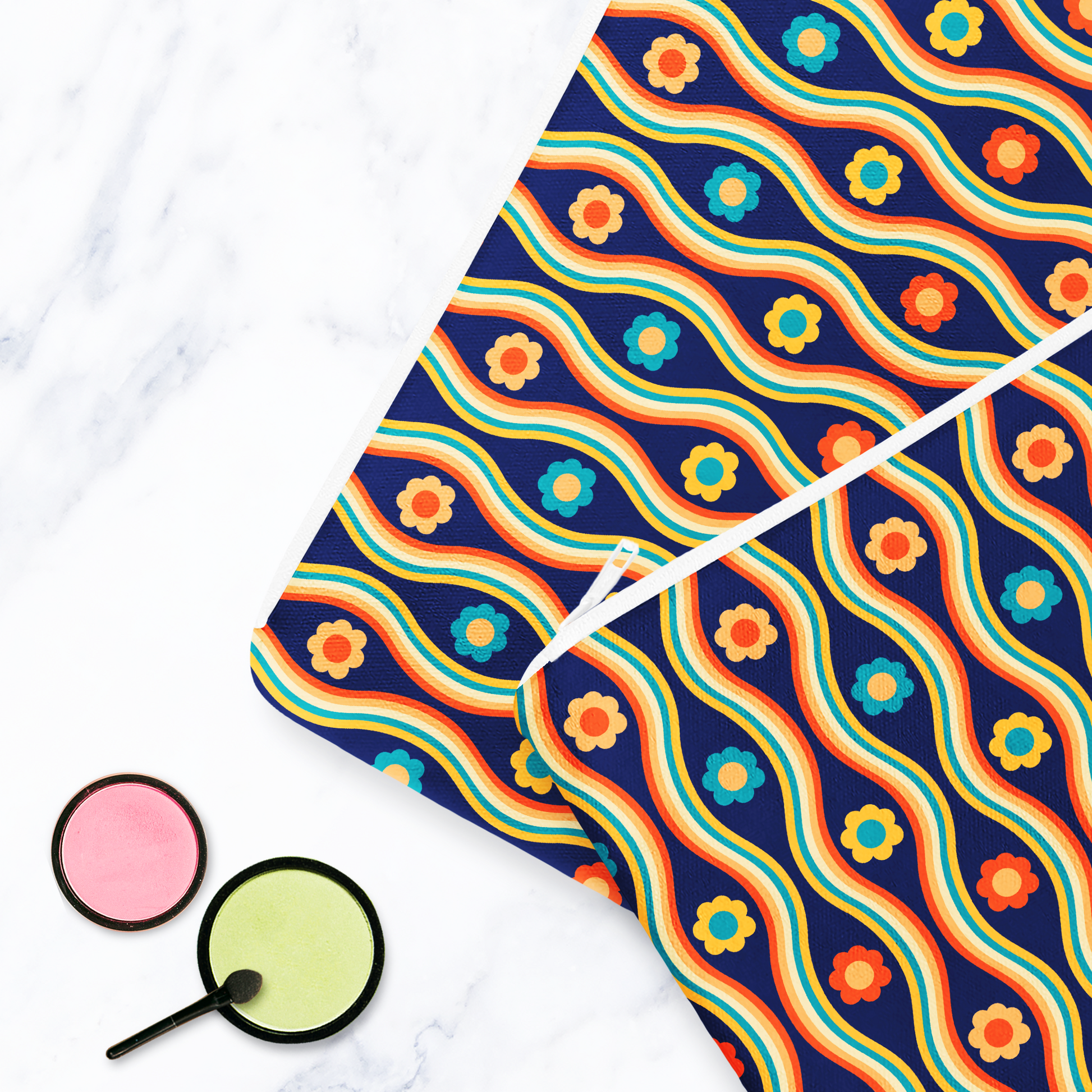 Navy Blue Retro Floral Make Up bag