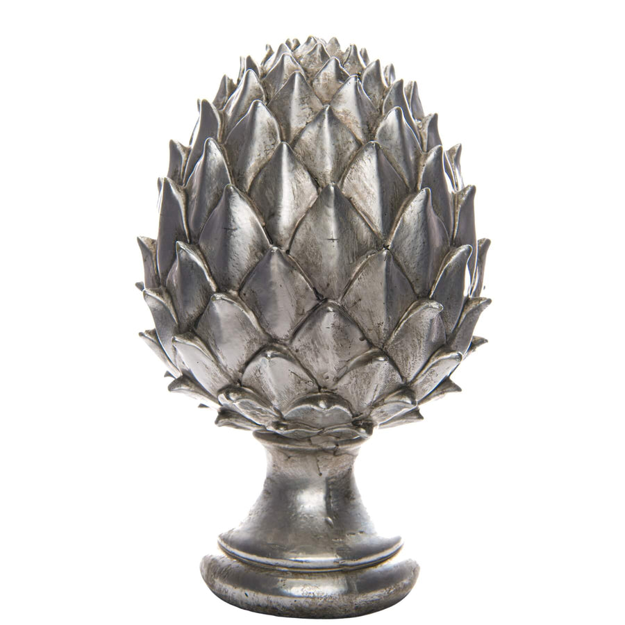 Silver pinecone finial decor with ceramic base and lustrous metallic finish for shelves or tables by Sostter at brixbailey.com