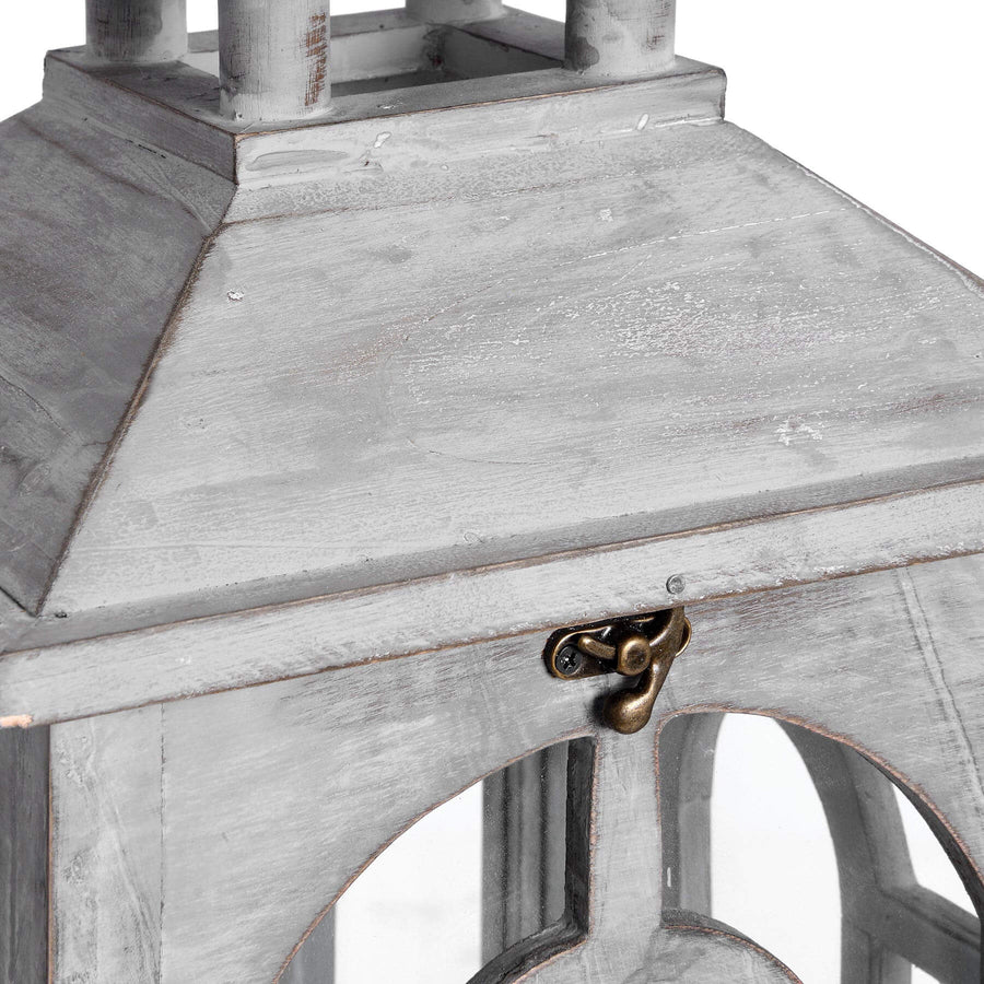 Set of three white-wash wooden lanterns with brass accents, rustic home decor for ambient lighting. by Sostter at brixbailey.com