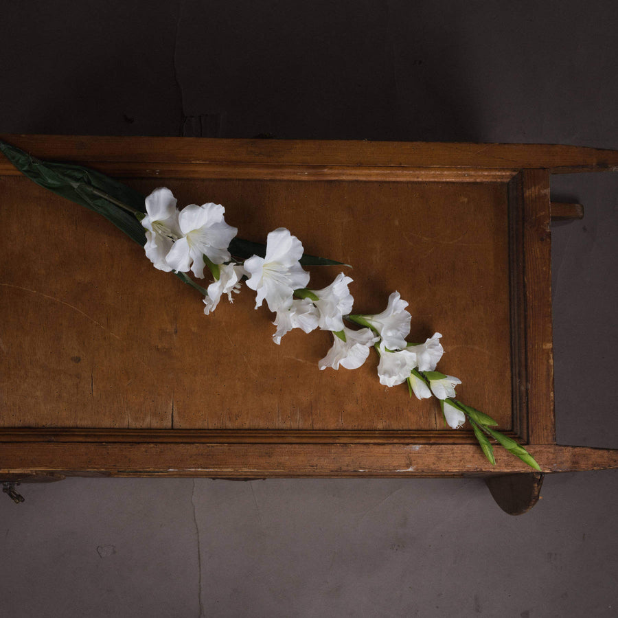 Lifelike white faux gladioli arrangement, 108cm tall with premium plastic florets for timeless home decor by Sostter at brixbailey.com