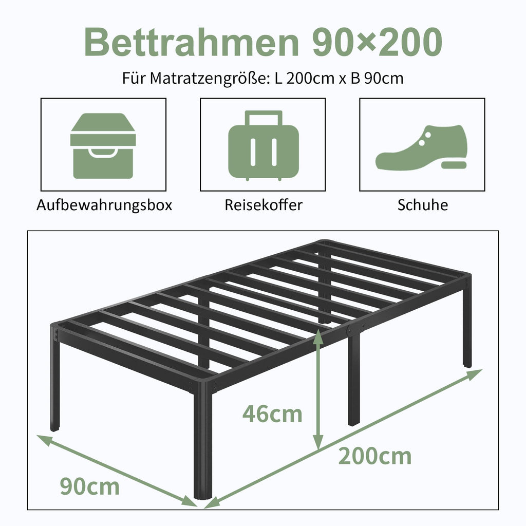 High Metal Bed Frame 90 x 200 cm Single with Round Legs and Slatted Support