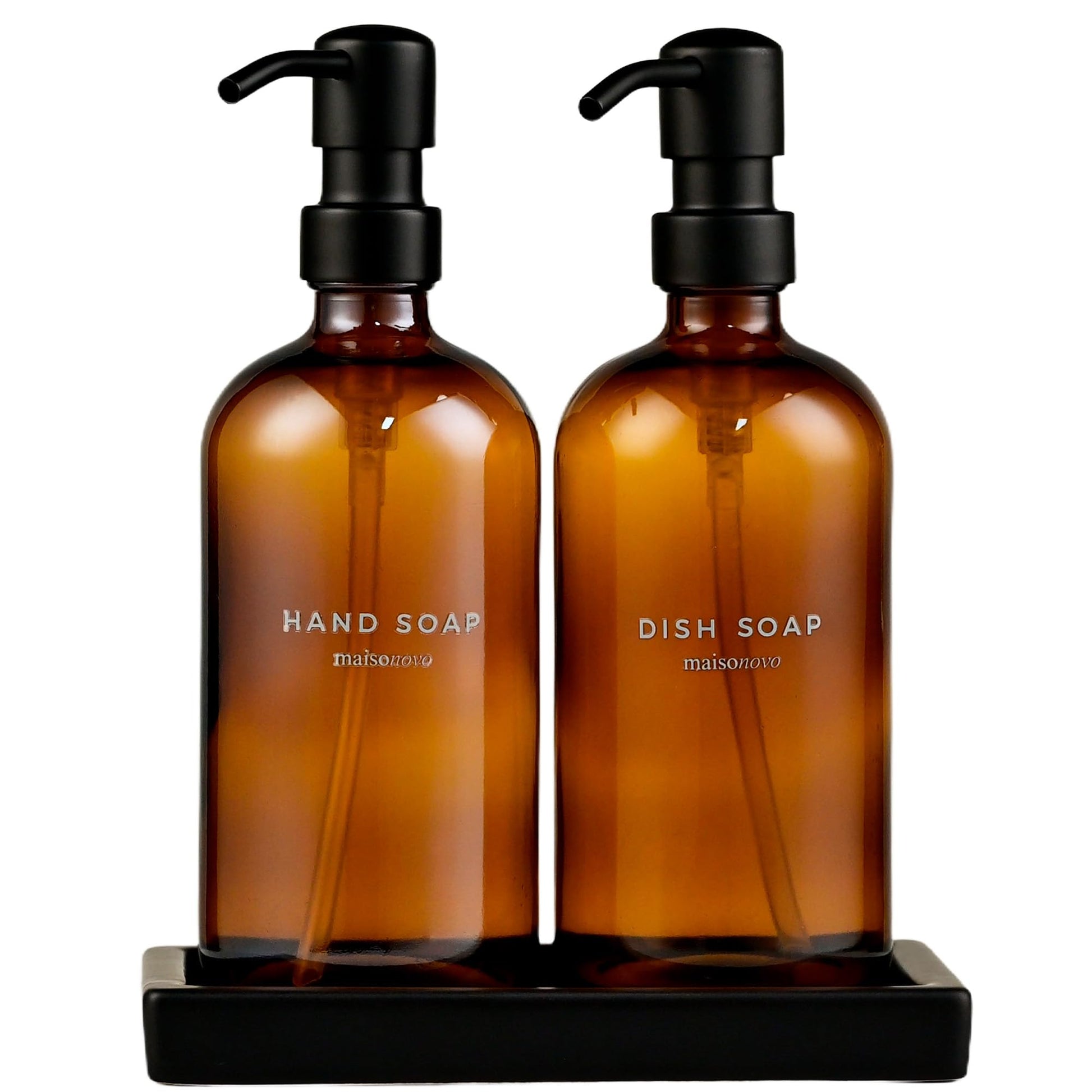Amber Glass Soap Dispenser Set with Ceramic Tray and Labels
