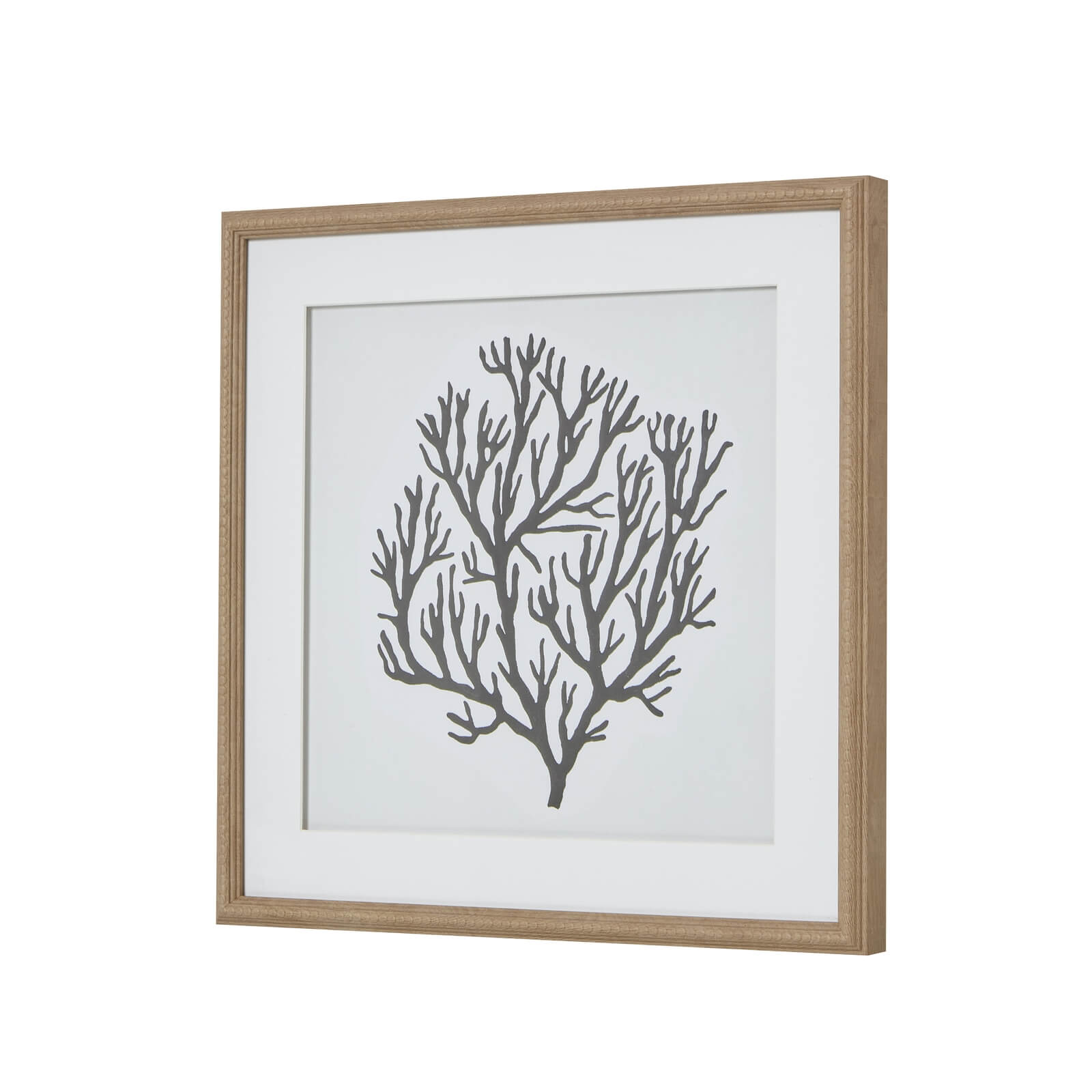 Handcrafted black coral artwork on white, framed in earthy brown wood, 40cm square coastal wall decor by Sostter at brixbailey.com