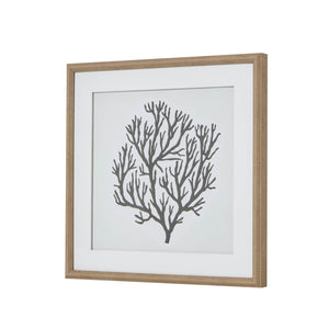 Handcrafted black coral artwork on white, framed in earthy brown wood, 40cm square coastal wall decor by Sostter at brixbailey.com