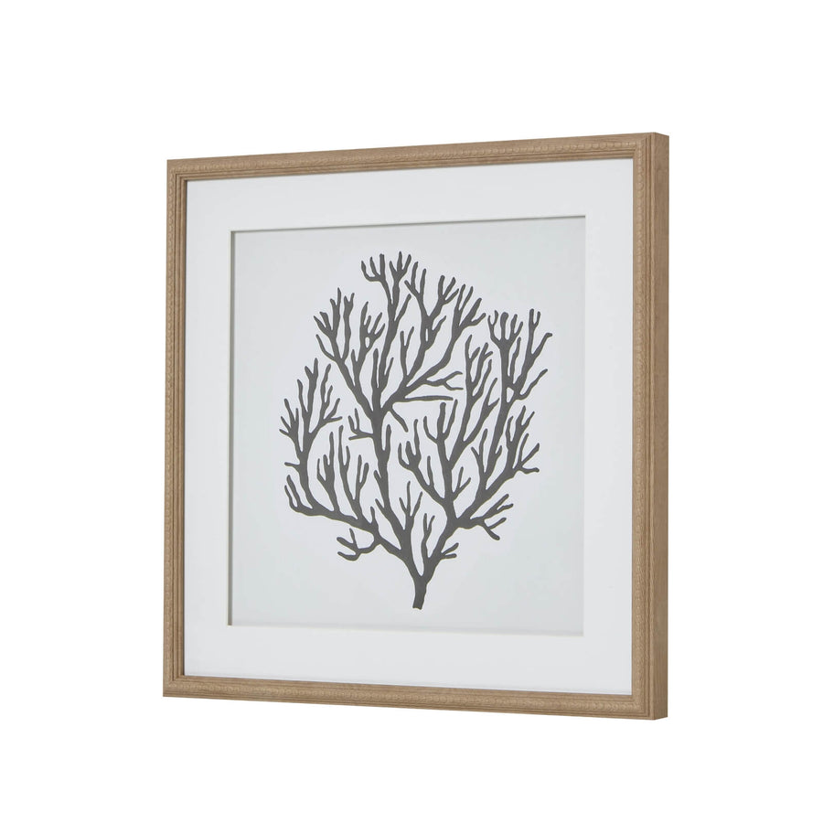 Handcrafted black coral artwork on white, framed in earthy brown wood, 40cm square coastal wall decor by Sostter at brixbailey.com