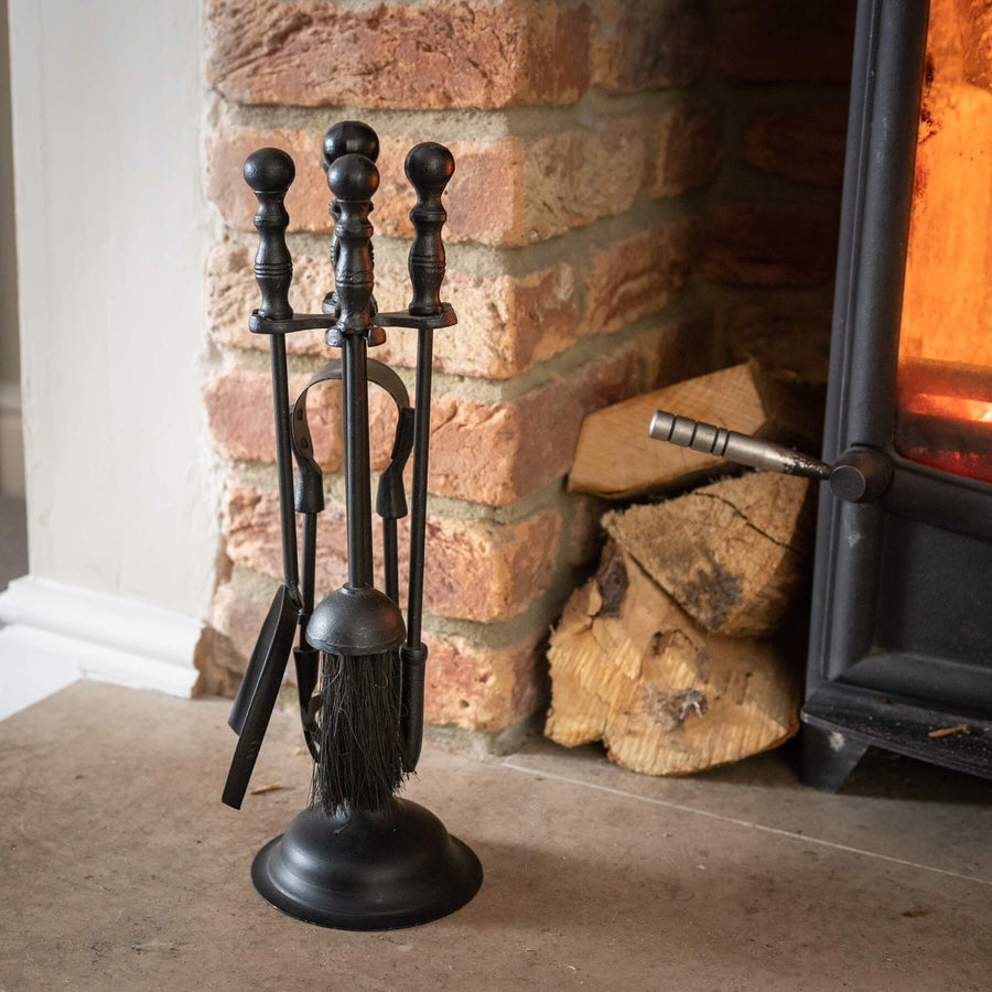 Black Duchess fireplace companion set with ornate steel detailing in matte black finish. by Sostter at brixbailey.com