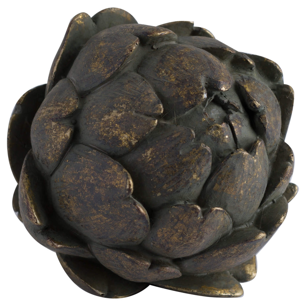 Handcrafted bronze artichoke sculpture with antiqued patina, lifelike botanical details on resin base, elegant home decor accent. by Sostter at brixbailey.com