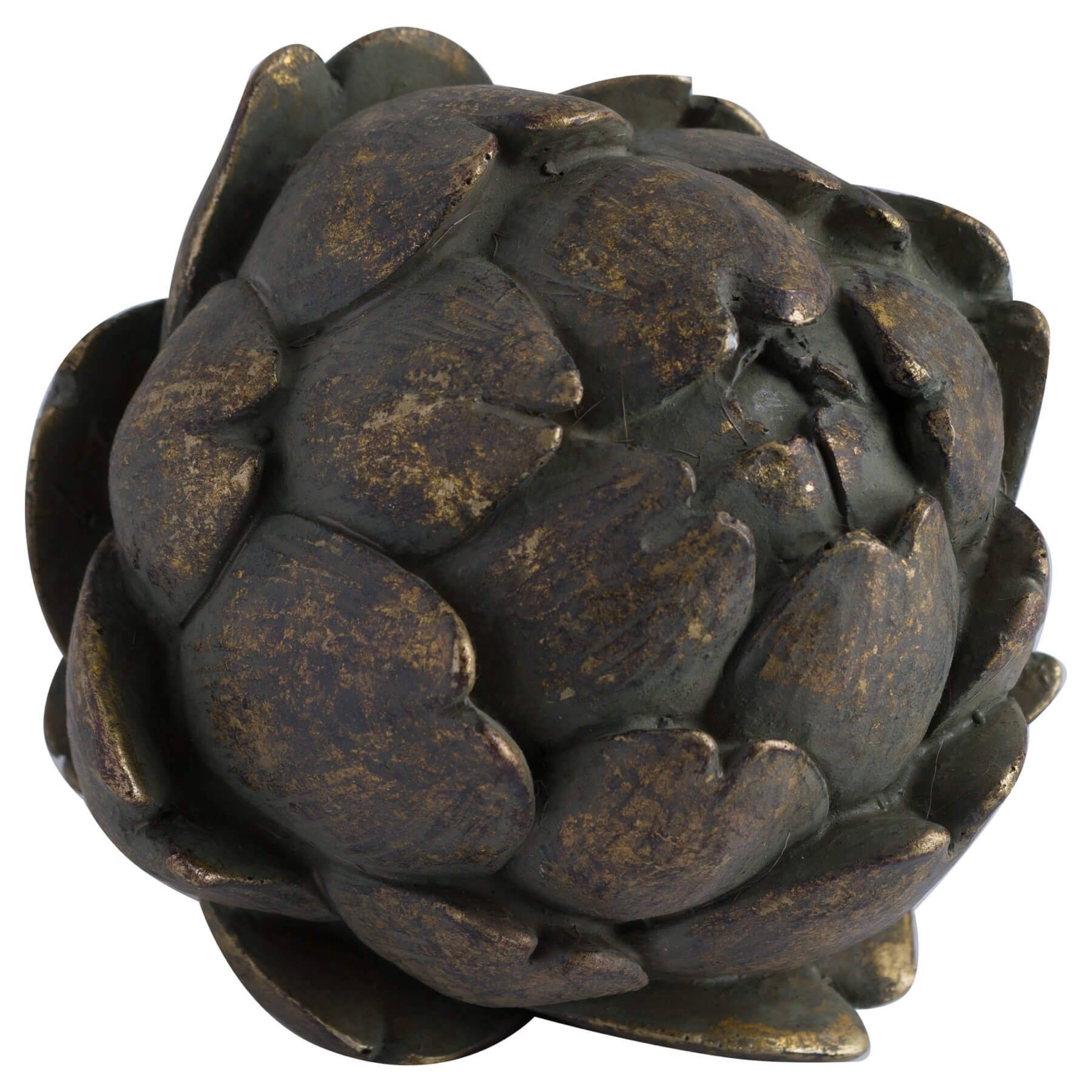 Handcrafted bronze artichoke sculpture with antiqued patina, lifelike botanical details on resin base, elegant home decor accent. by Sostter at brixbailey.com