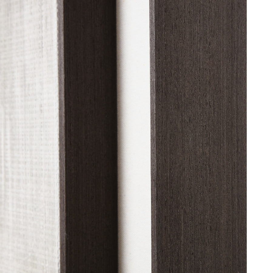 Large abstract linen artwork in neutral earth tones, framed in dark wood, perfect for modern minimalist interiors. by Sostter at brixbailey.com