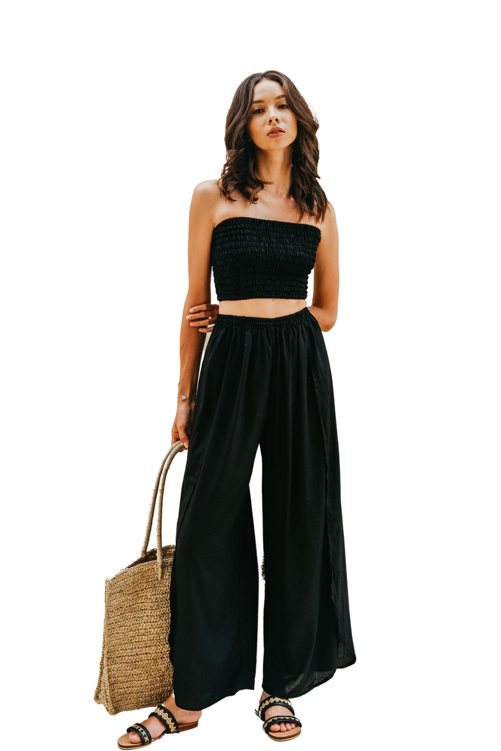 Black Side Split Pants and Tube Top Set