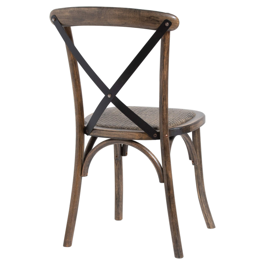 Elm cross-back dining chair with handwoven rush seat and black metal accents, warm brown finish by Sostter at brixbailey.com