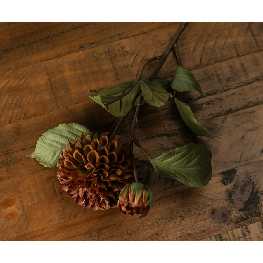 Lifelike mustard artificial dahlia with ball-shaped petals, 62cm tall, perfect for autumn decor arrangements by Sostter at brixbailey.com