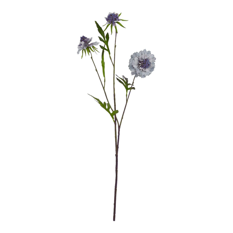 Artificial Scabious stem with soft blue hand-painted petals, hyper-realistic texture, and botanically accurate details. by Sostter at brixbailey.com