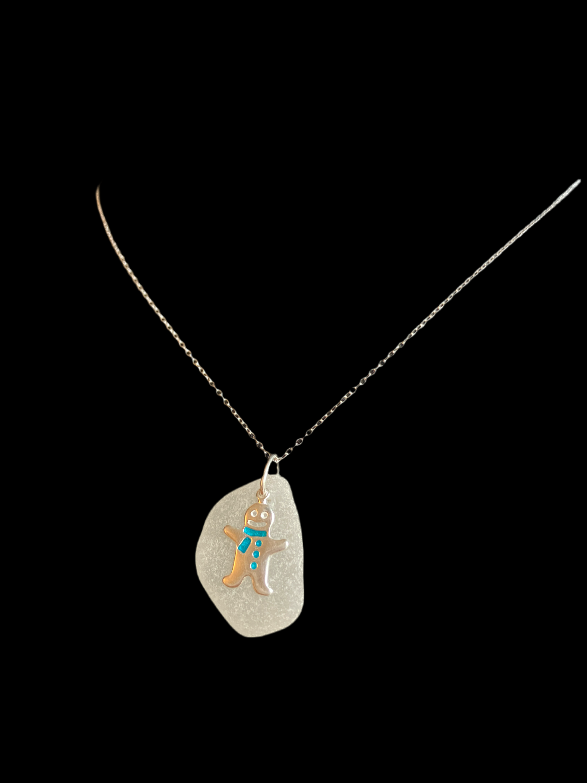 Gingerbread Man Frosted Sea Glass Silver Necklace