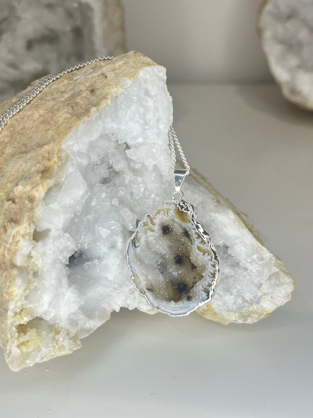 Natural Open Agate Geode Necklace in Silver