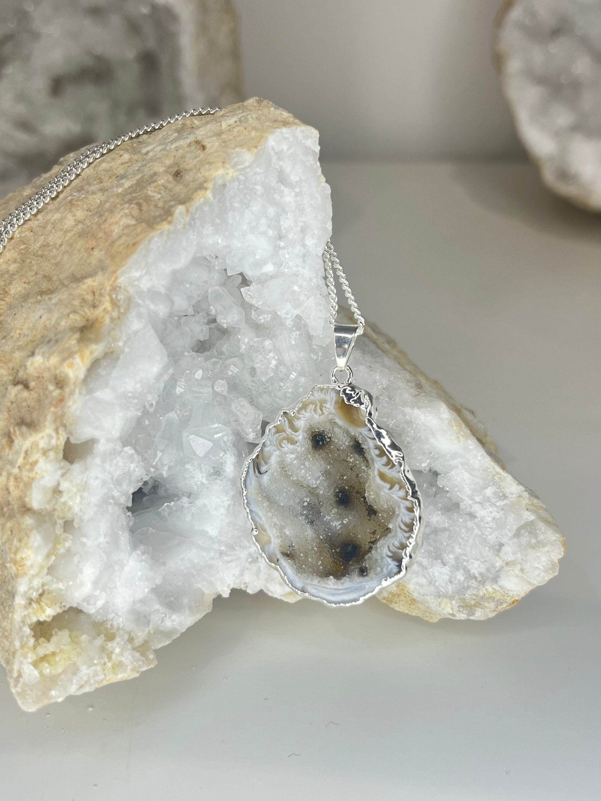 Natural Open Agate Geode Necklace in Silver