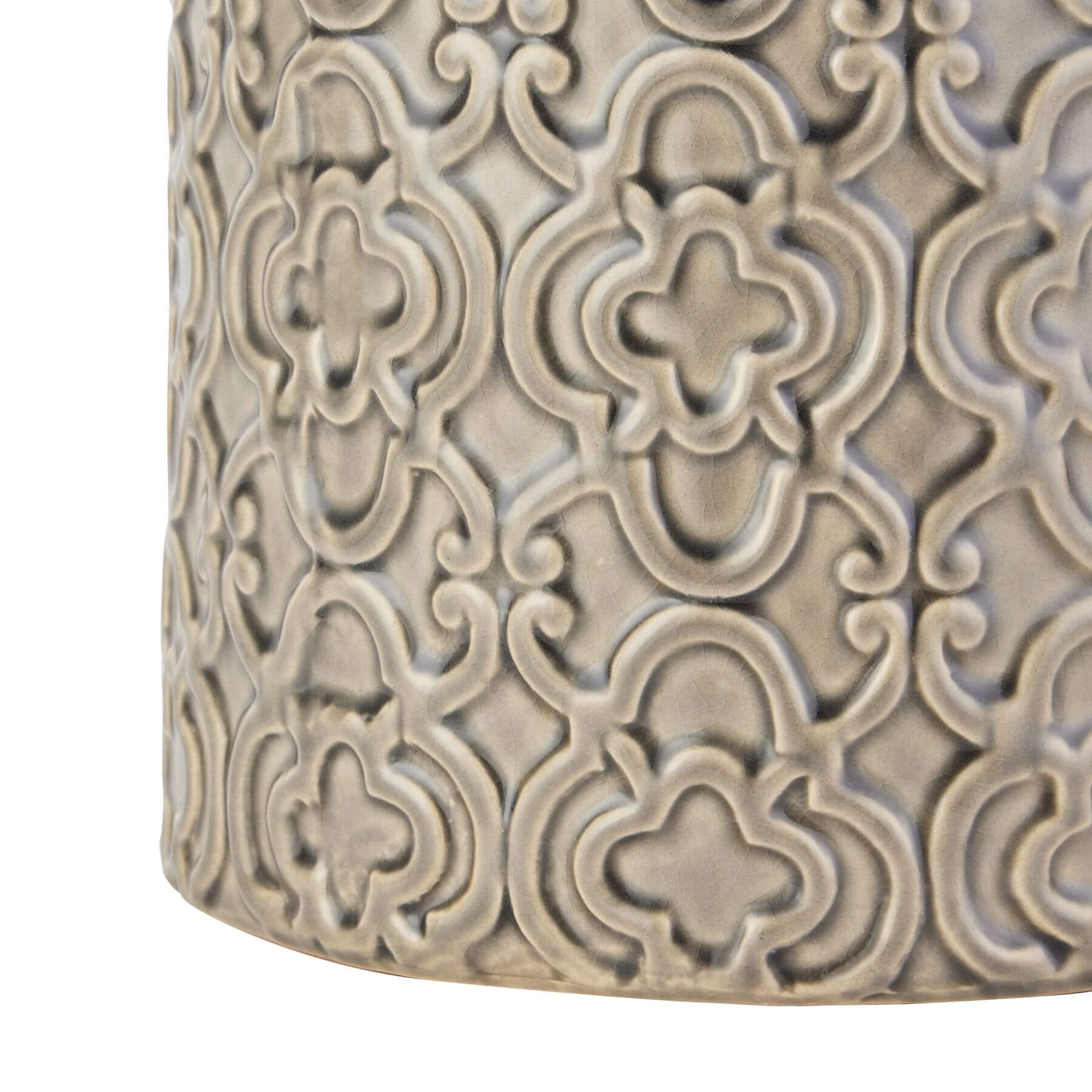 Handcrafted grey ceramic sculptural vase with intricate raised patterns, removable lid, and contemporary organic design. by Sostter at brixbailey.com
