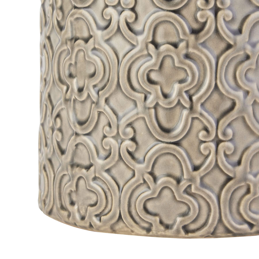 Handcrafted grey ceramic sculptural vase with intricate raised patterns, removable lid, and contemporary organic design. by Sostter at brixbailey.com