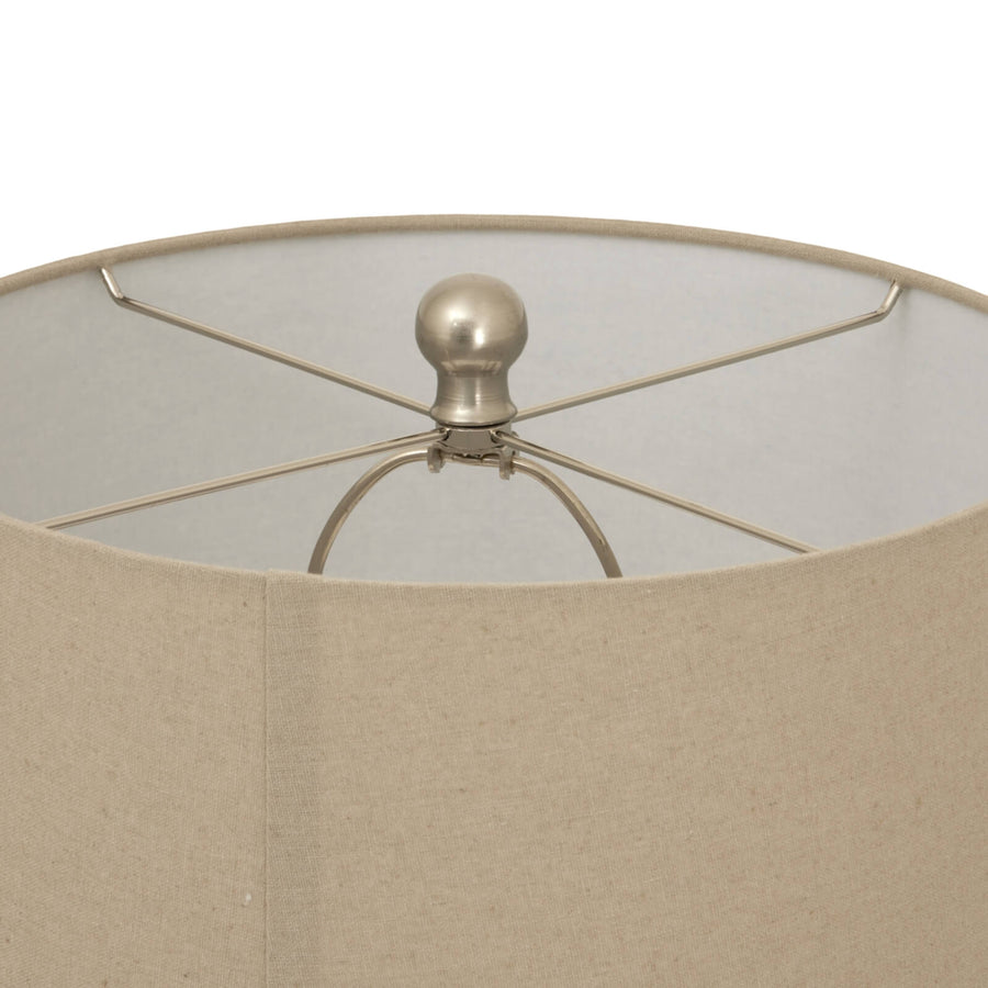 Handcrafted white ceramic table lamp with twill weave texture and linen shade for warm ambient lighting. by Sostter at brixbailey.com