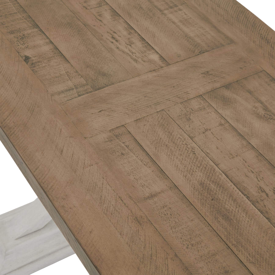 Handcrafted pine console table with mid-tone stain, white base, and natural wood grain for rustic-modern entryway decor by Sostter at brixbailey.com