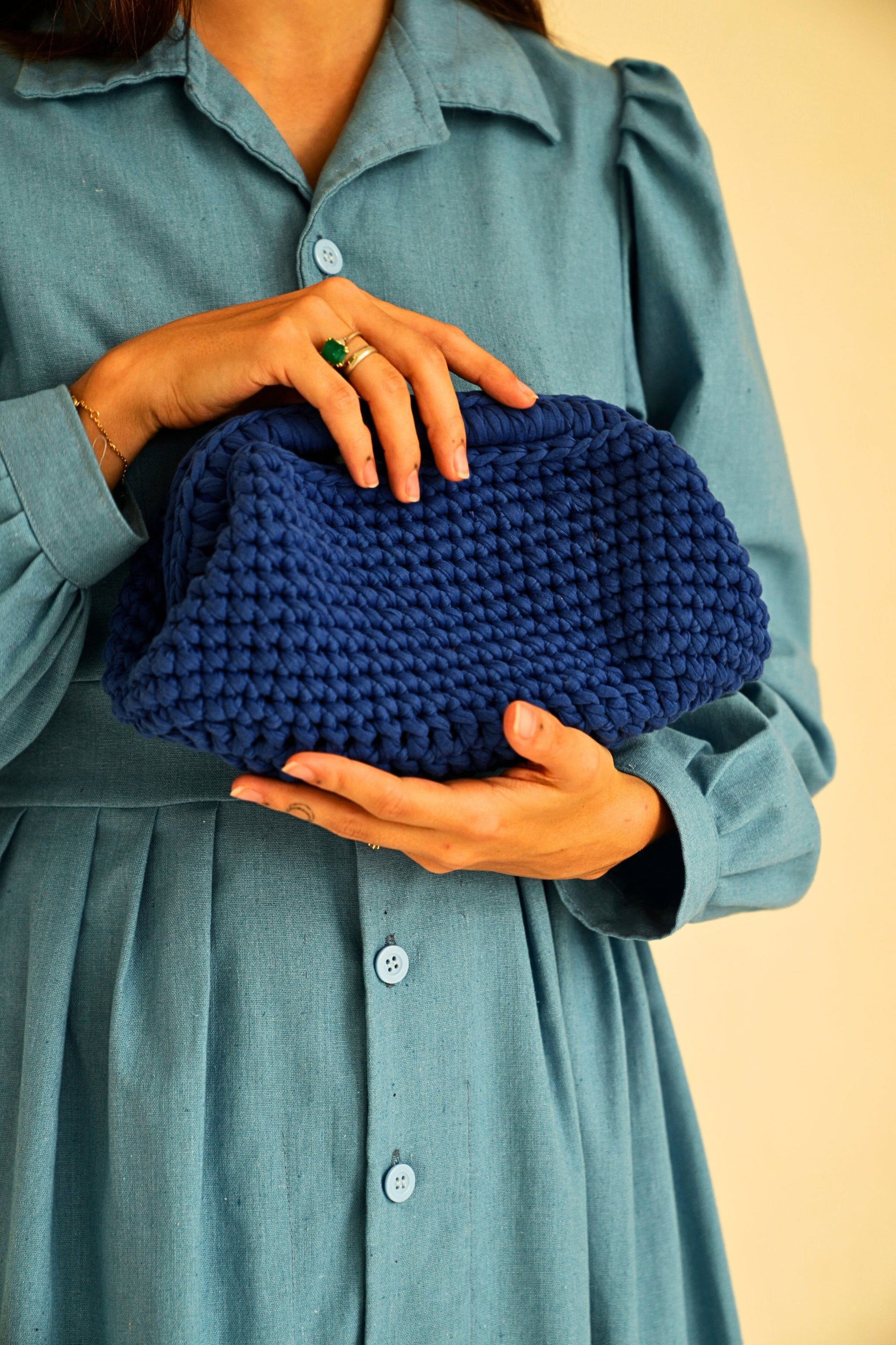 Top Handle Knit Clutch in Indigo