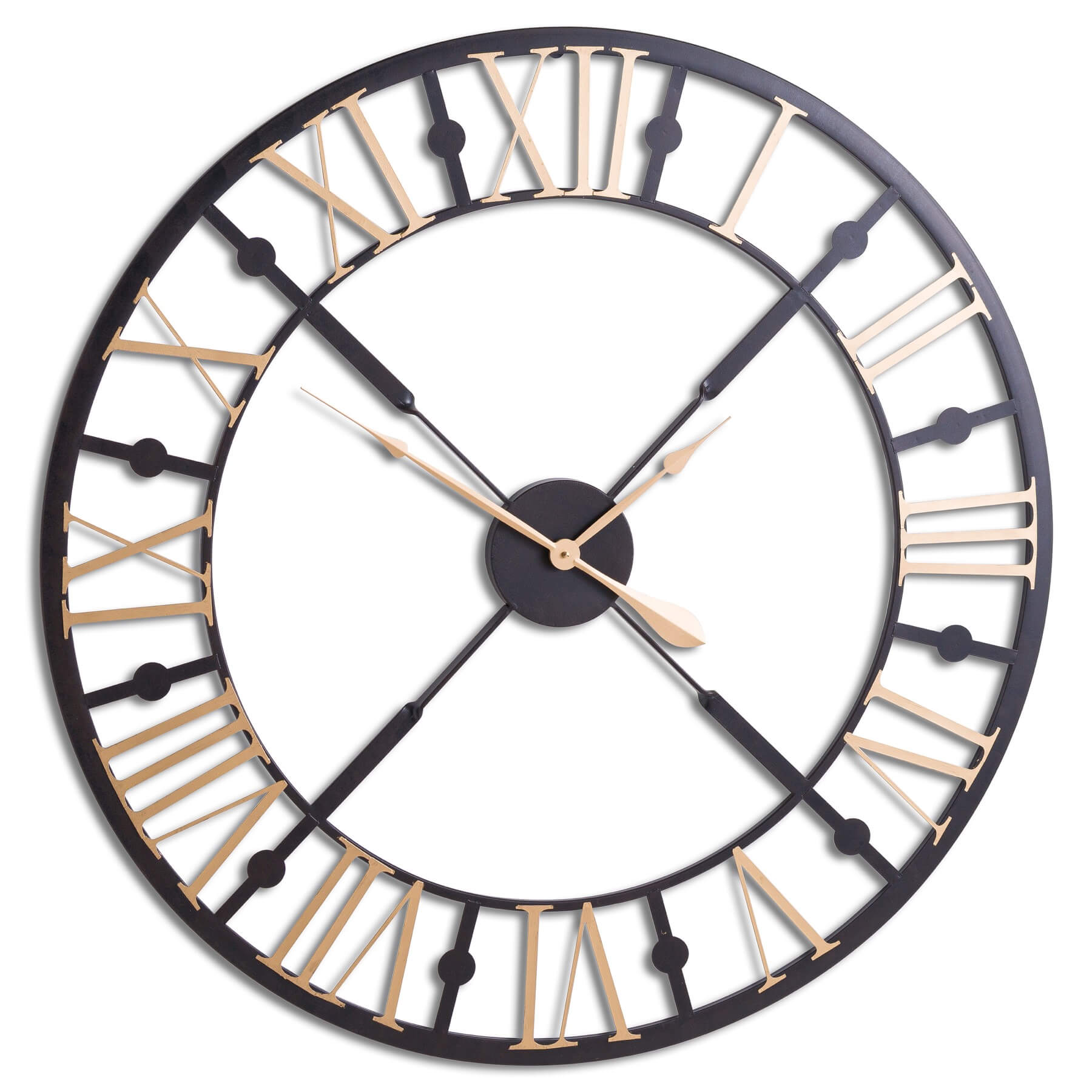 Black and gold skeleton station clock with intricate mechanical movement, 95cm contemporary metal wall decor by Sostter at brixbailey.com