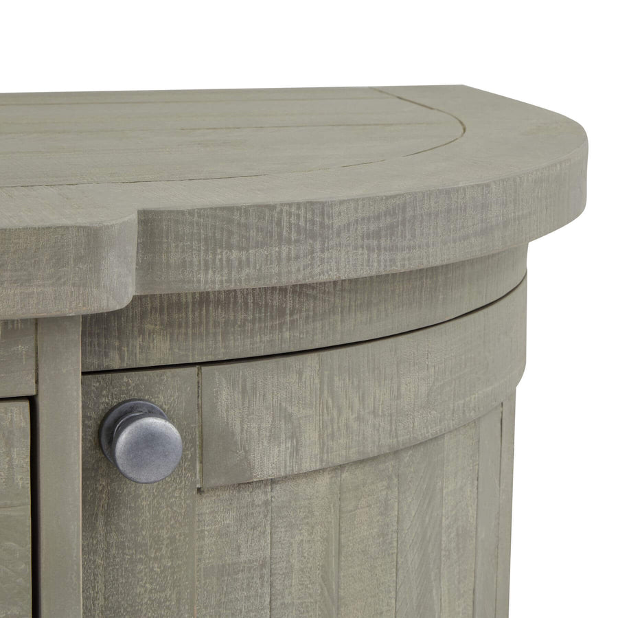 Curved pine sideboard in warm grey with organic modern design and hand-treated wood grain finish. by Sostter at brixbailey.com