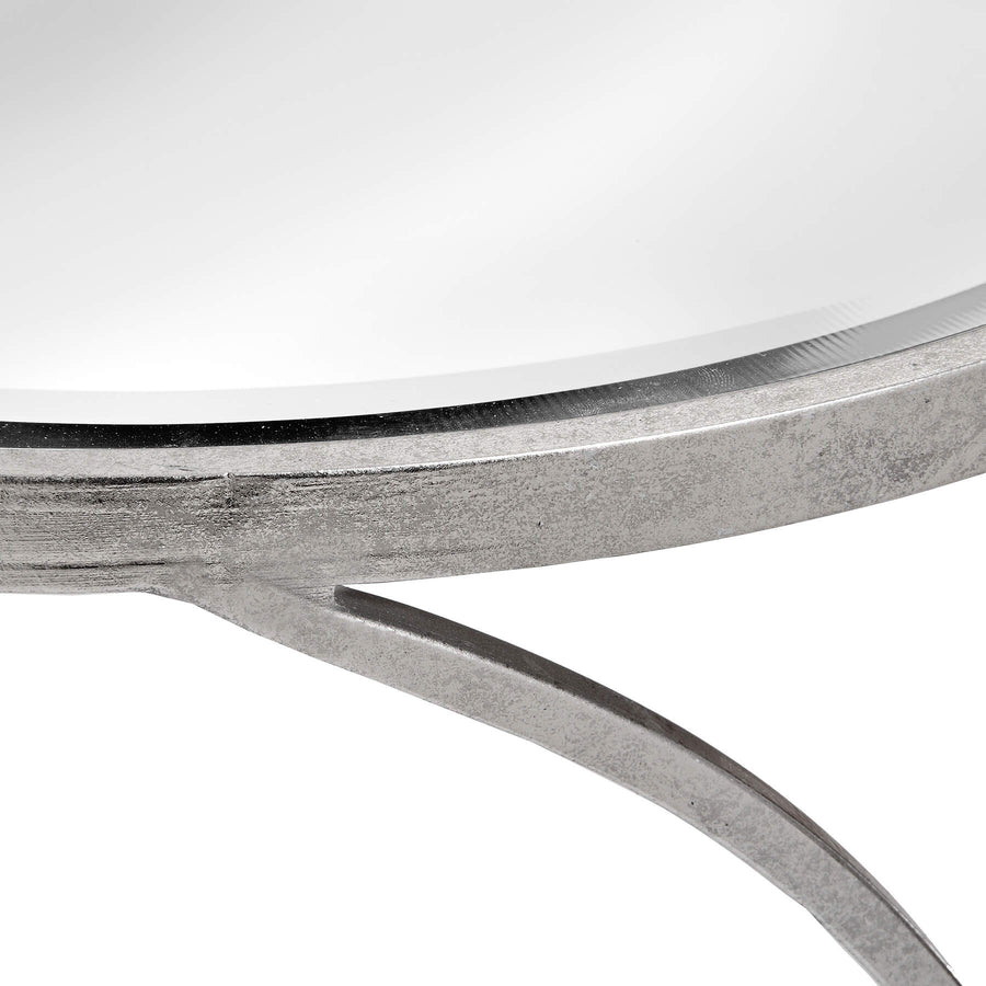 Modern silver mirrored side tables with curved metal frame, set of two for contemporary living room decor by Sostter at brixbailey.com