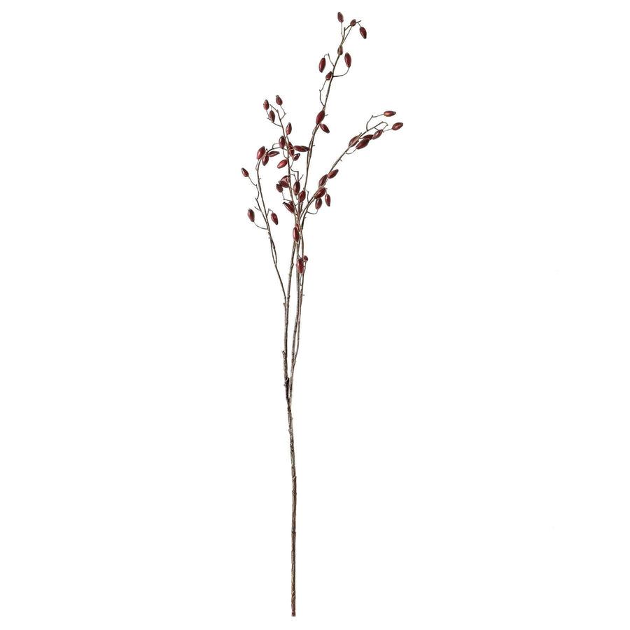 Burgundy rosehip stem with lifelike plastic petals, 42.5 inches tall, for elegant home decor by Sostter at brixbailey.com