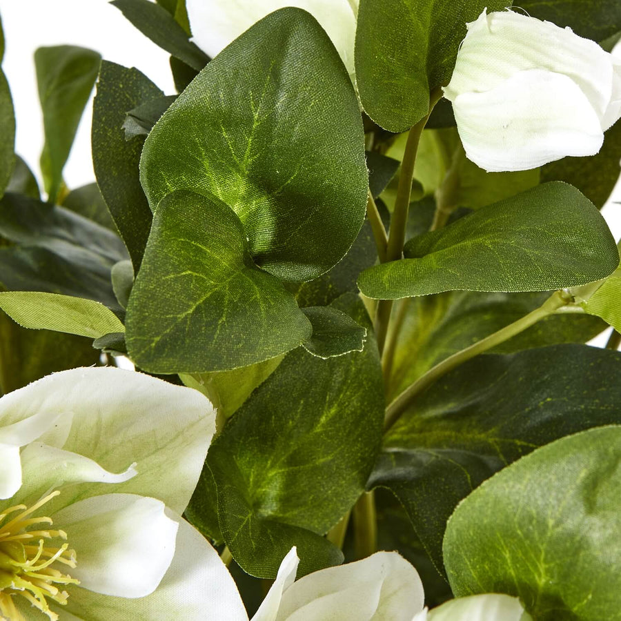 Lifelike faux Hellebore plant with white blooms in grey ceramic pot, perfect for home decor. by Sostter at brixbailey.com