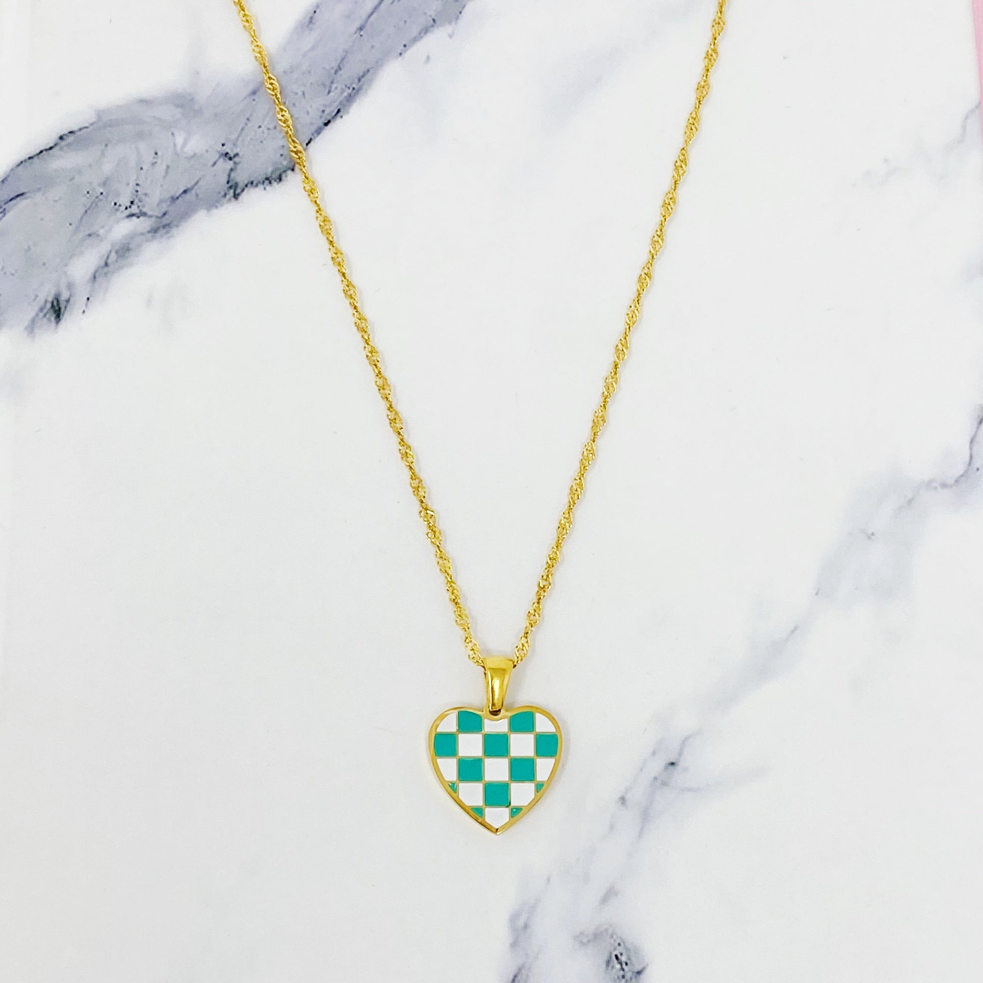 Checkered Heart Necklace in Gold Plated Stainless Steel