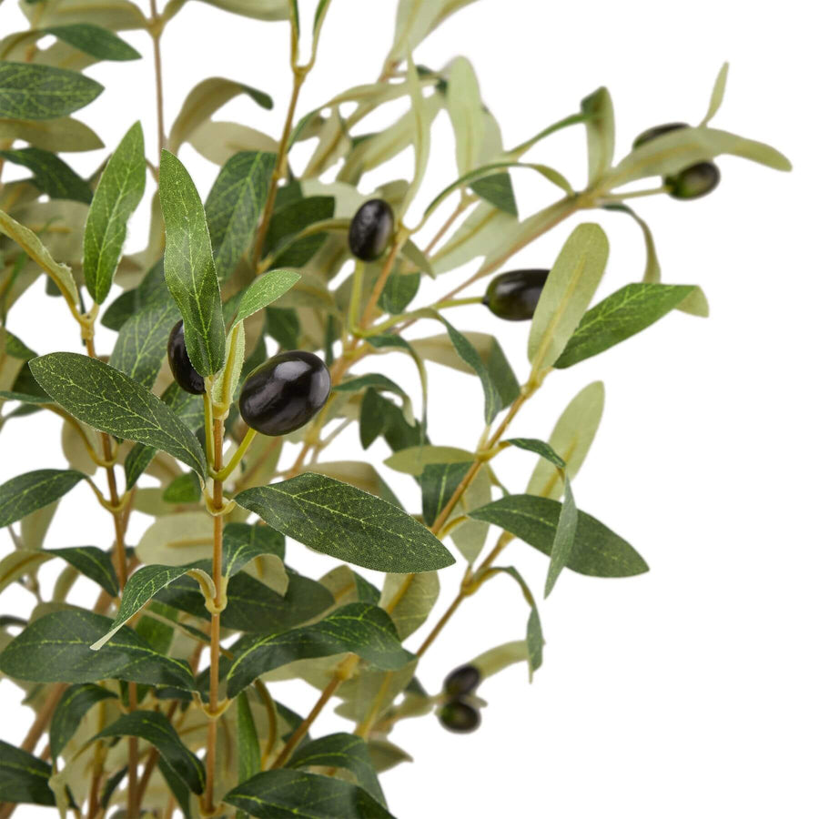 Lifelike faux olive tree, 180cm tall with realistic trunk and olive-green foliage, perfect for Mediterranean home decor by Sostter at brixbailey.com